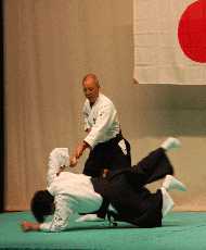 合気道杖取りで相手を抑え込んだ様子