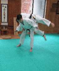 合宿にて合気道(腰投げ)で投げる様子